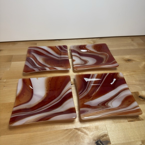 Other - Set of 4 White Orange Red Fused Art Glass Trays 6" by 6"